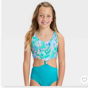 Art Class Girls' Floral Printed Tropical Twist Swimsuit  Light Blue L(10/12)